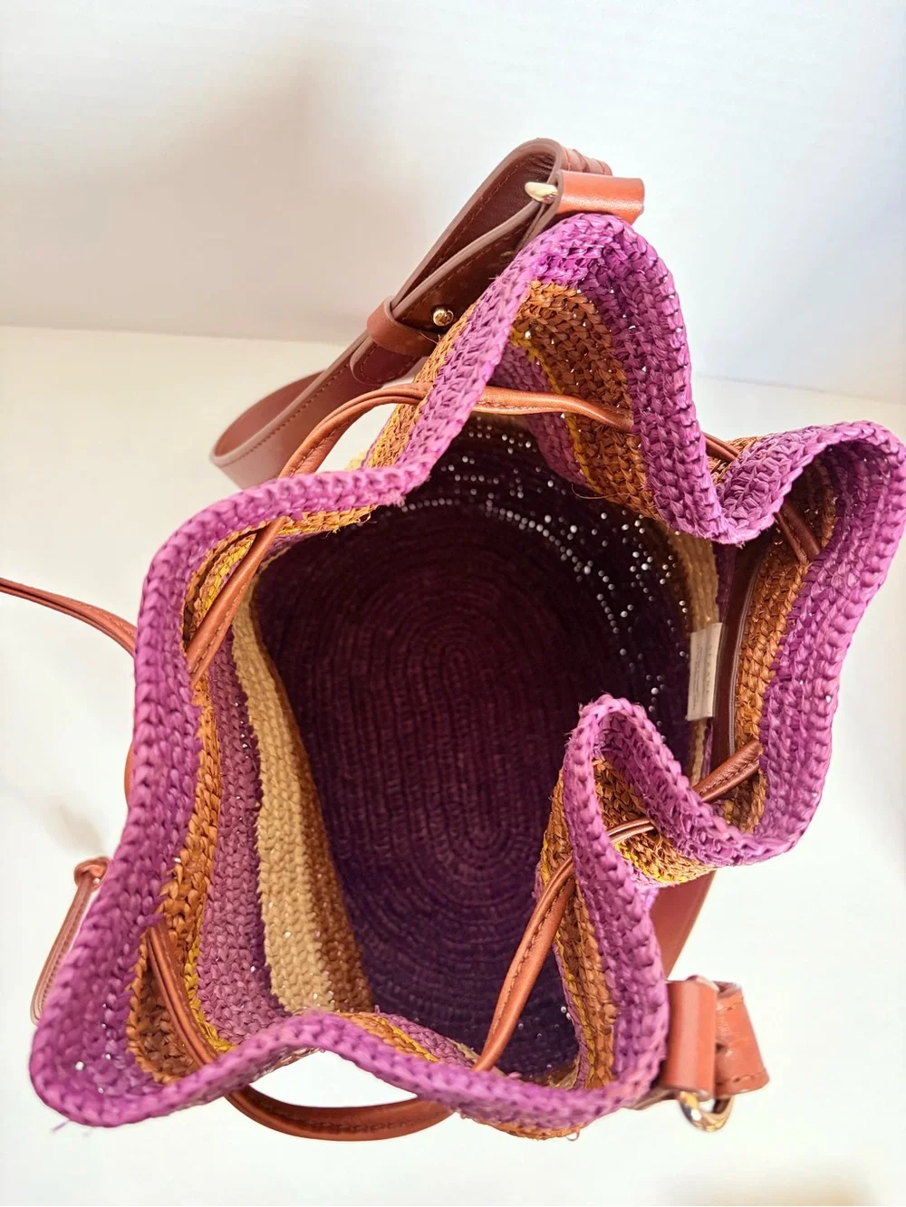 Sezane Farrow Bucket Bag Woven Shoulder Purse Raffia Leather Purple Violet Rare